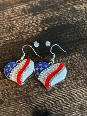 Patriotic Heart Dangle Earrings - Red, White & Blue